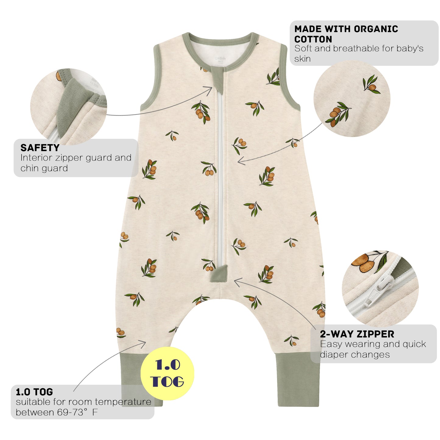 100% Organic Cotton 1.0 Tog Sleeping Bag with Legs Sleeveless Wearable Blanket- Olive Branch