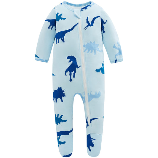 100% Organic Cotton Zip Footed Pajamas -  Blue Dinosaur