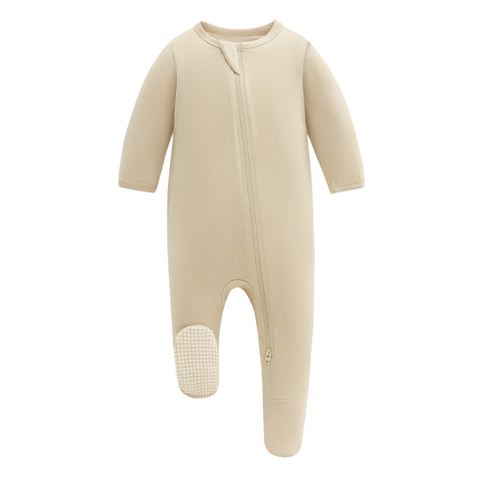 Bamboo Long Sleeve Zip Footed Pajamas - Beige