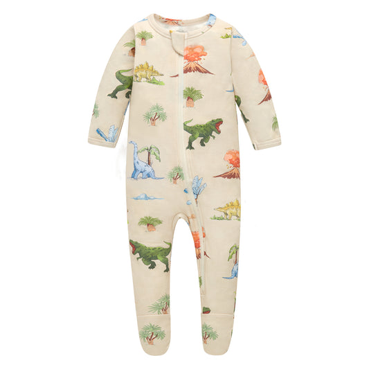 100% Organic Cotton Zip Footed Pajamas - Watercolor Dinosaur