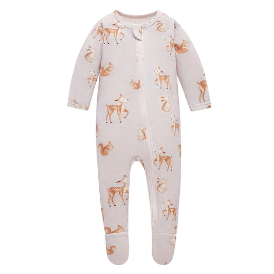 100% Organic Cotton Zip Footed Pajamas -  Pink Deer