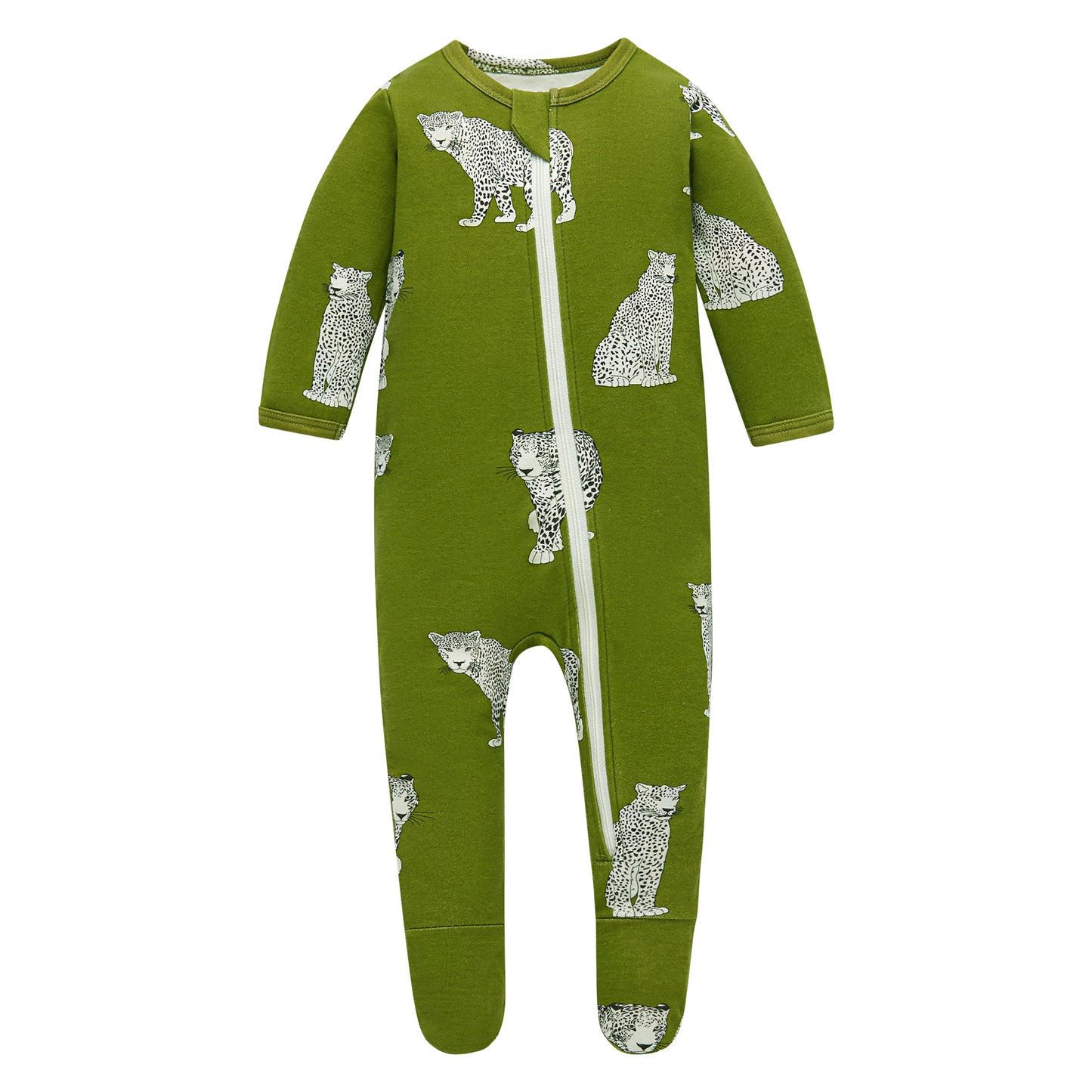100% Organic Cotton Zip Footed Pajamas - Green Cheetah