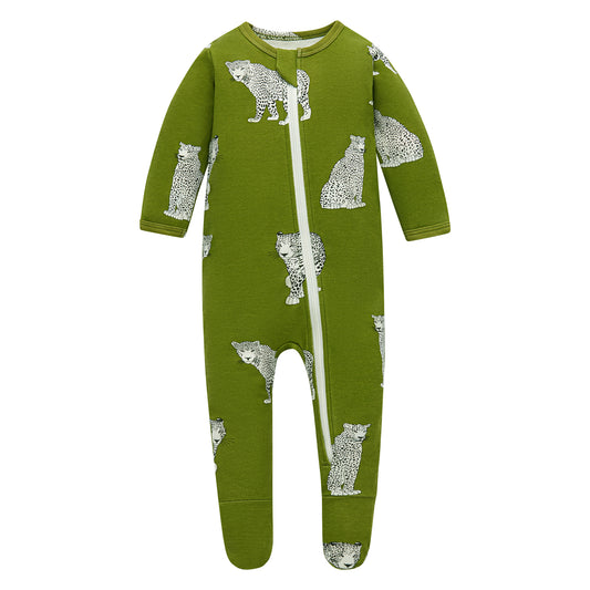 100% Organic Cotton Zip Footed Pajamas - Green Cheetah