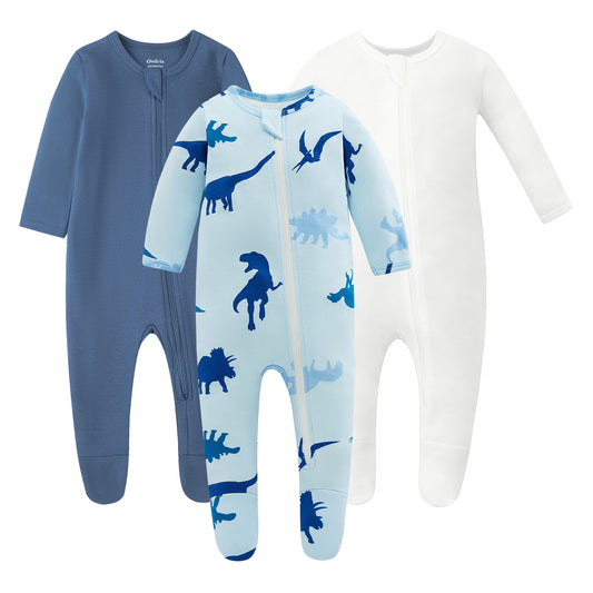 100% Cotton Footed Zip Pajamas - 3 pack - Dinosaur&blue&ivory White