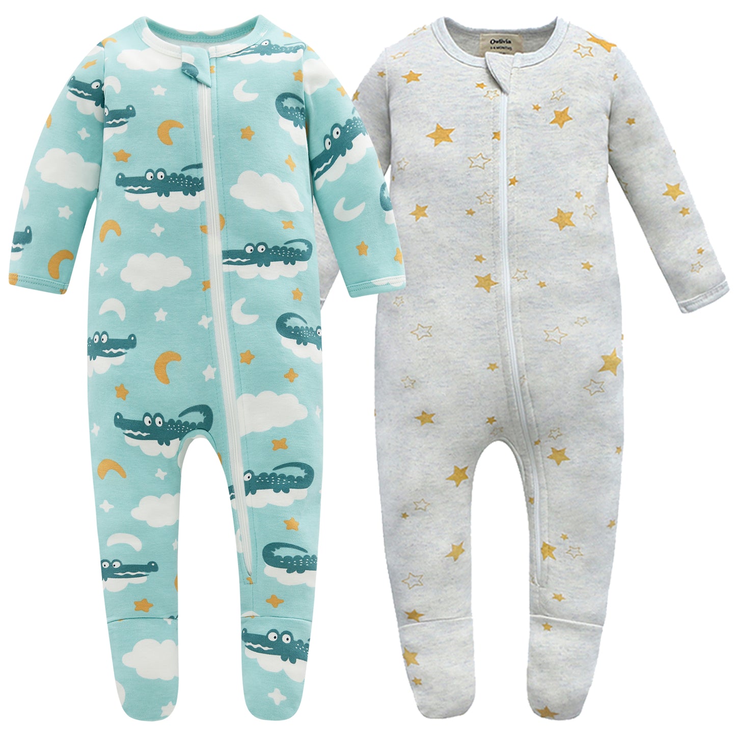 100% Cotton Footed Zip Pajamas - 2 pack - Crocodile & Golden Star