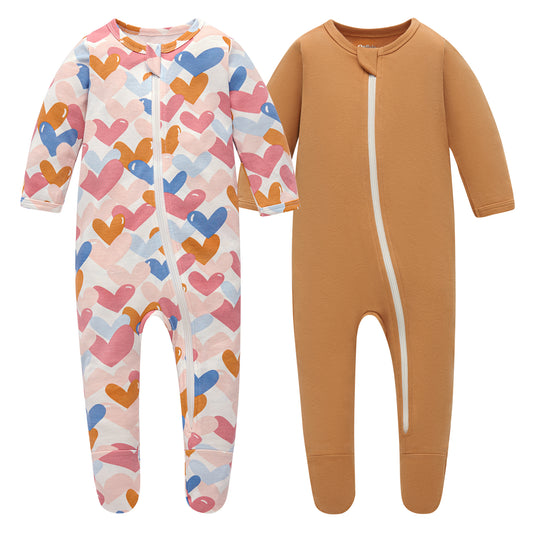 100% Cotton Footed Zip Pajamas - 2 pack - Colorful Heart & Camel