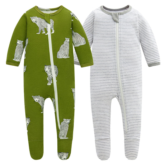 100% Cotton Footed Zip Pajamas - 2 pack - Green Cheetah & Stripes