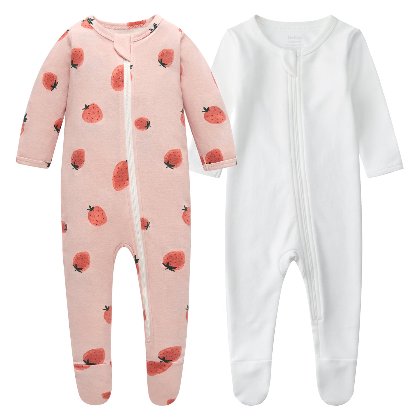 100% Cotton Footed Zip Pajamas - 2 pack - Pink Strawberry&white