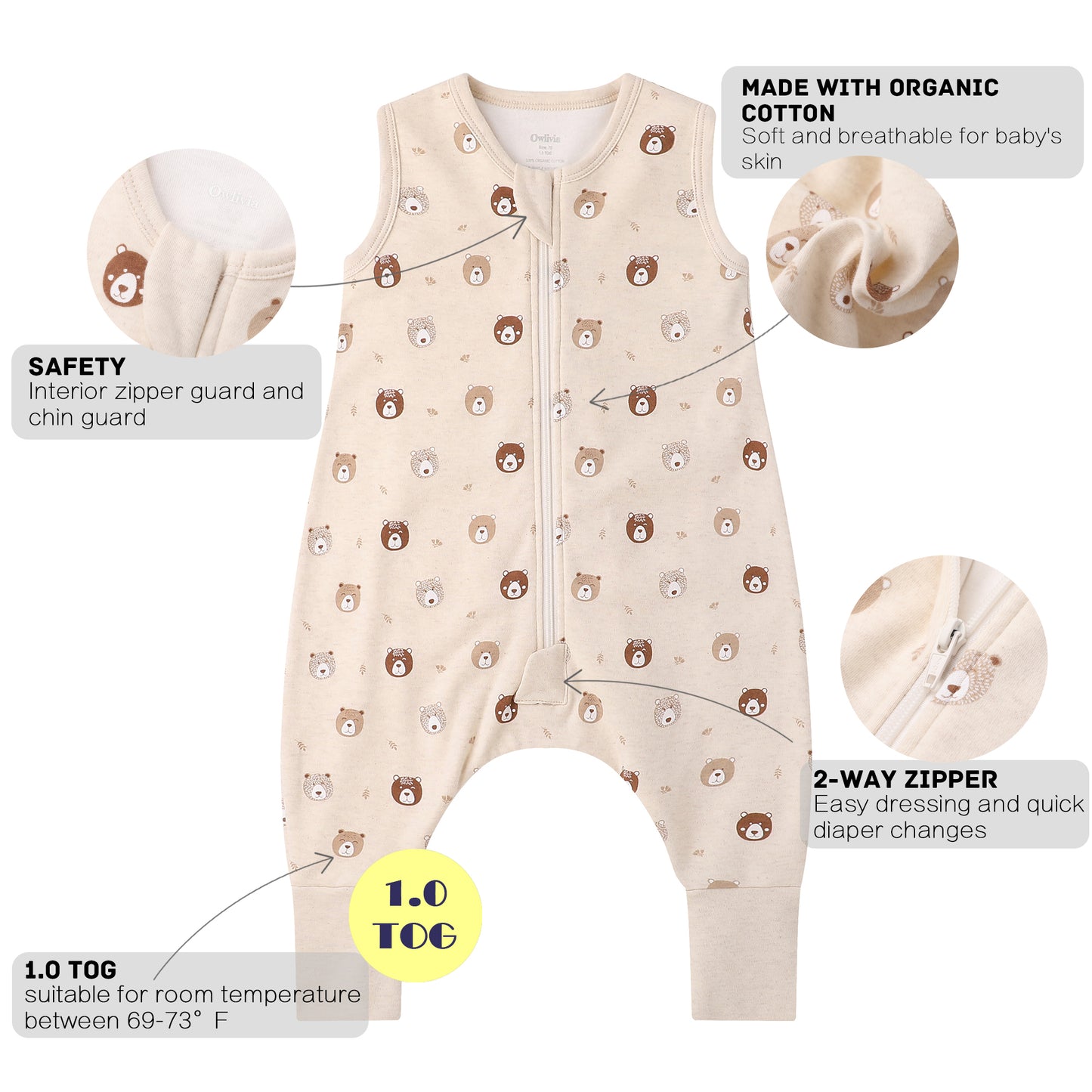 100% Organic Cotton 1.0 Tog Sleeping Bag with Legs Sleeveless Wearable Blanket- Mini Bears