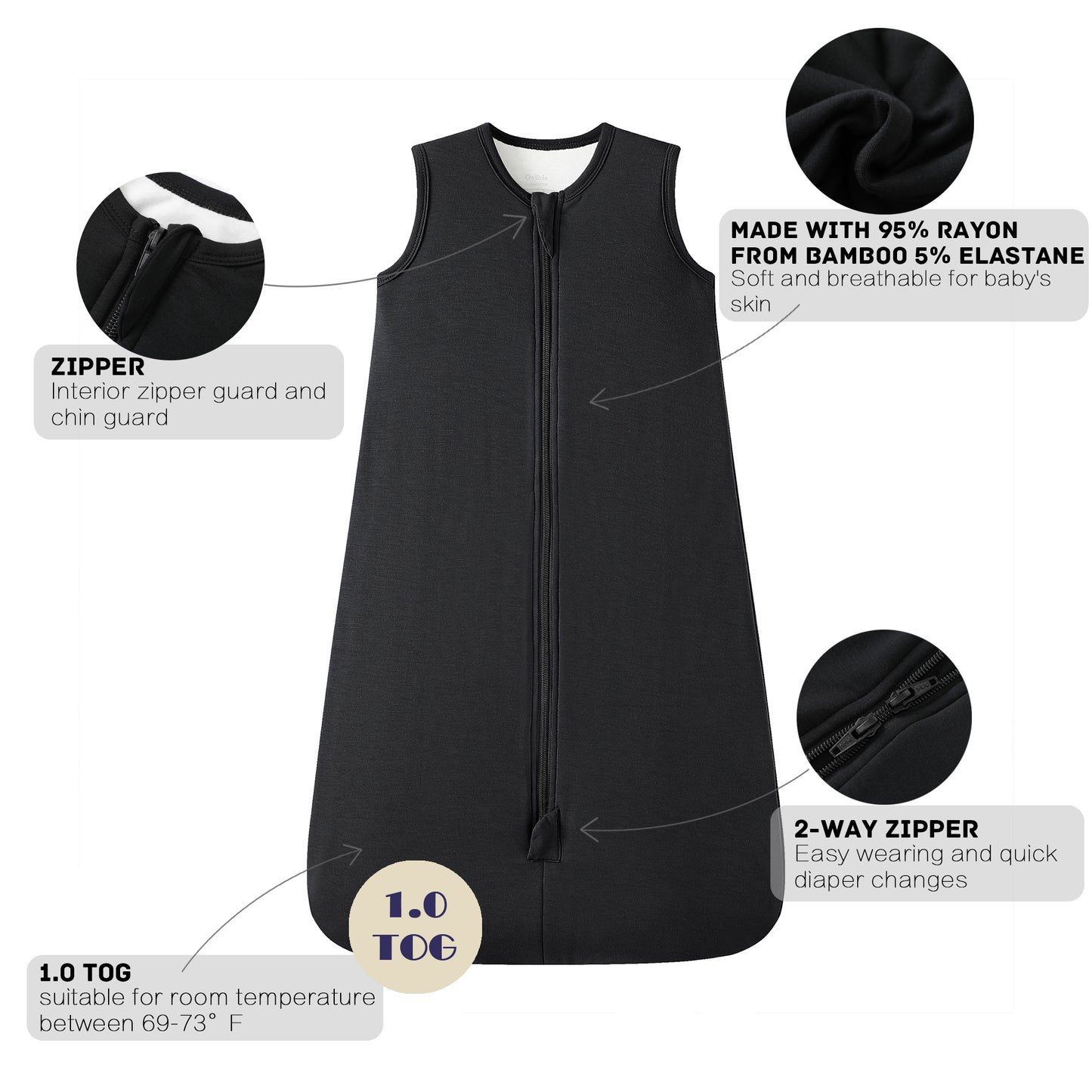Owlivia Bamboo Rayon Baby Sleep Sack Unisex Sleeping Bag 1.0 TOG - Black