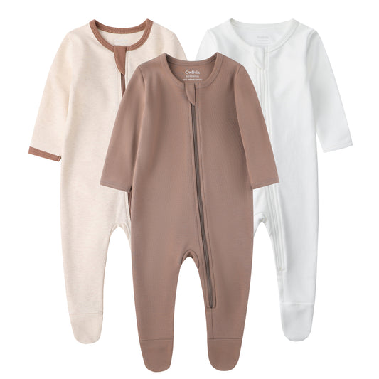 100% Cotton Footed Zip Pajamas - 3 pack - Brown&beige&ivory White