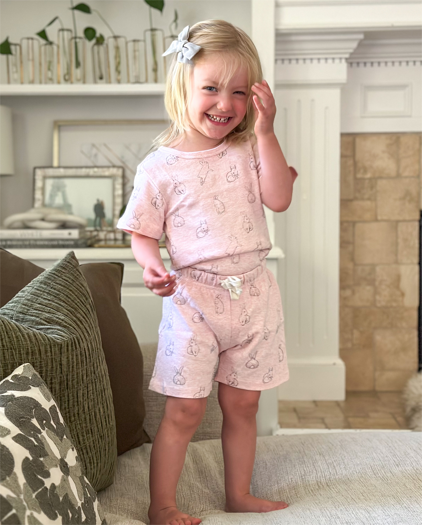 100% Organic Cotton Toddler Summer 2 Piece short sleeve Pajama Set - Pink Rabbit