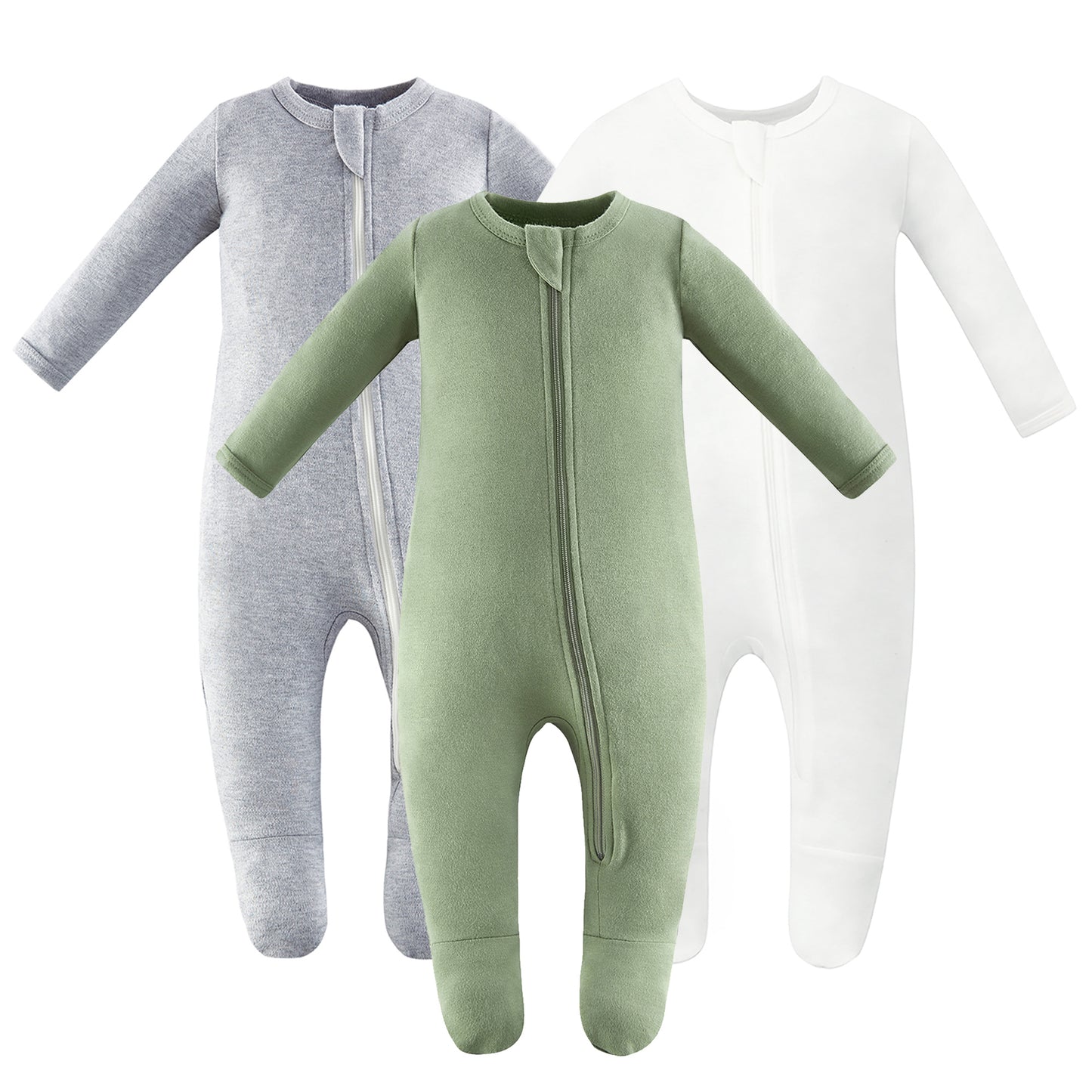 100% Cotton Footed Zip Pajamas - 3 pack - Olive&grey&ivory White