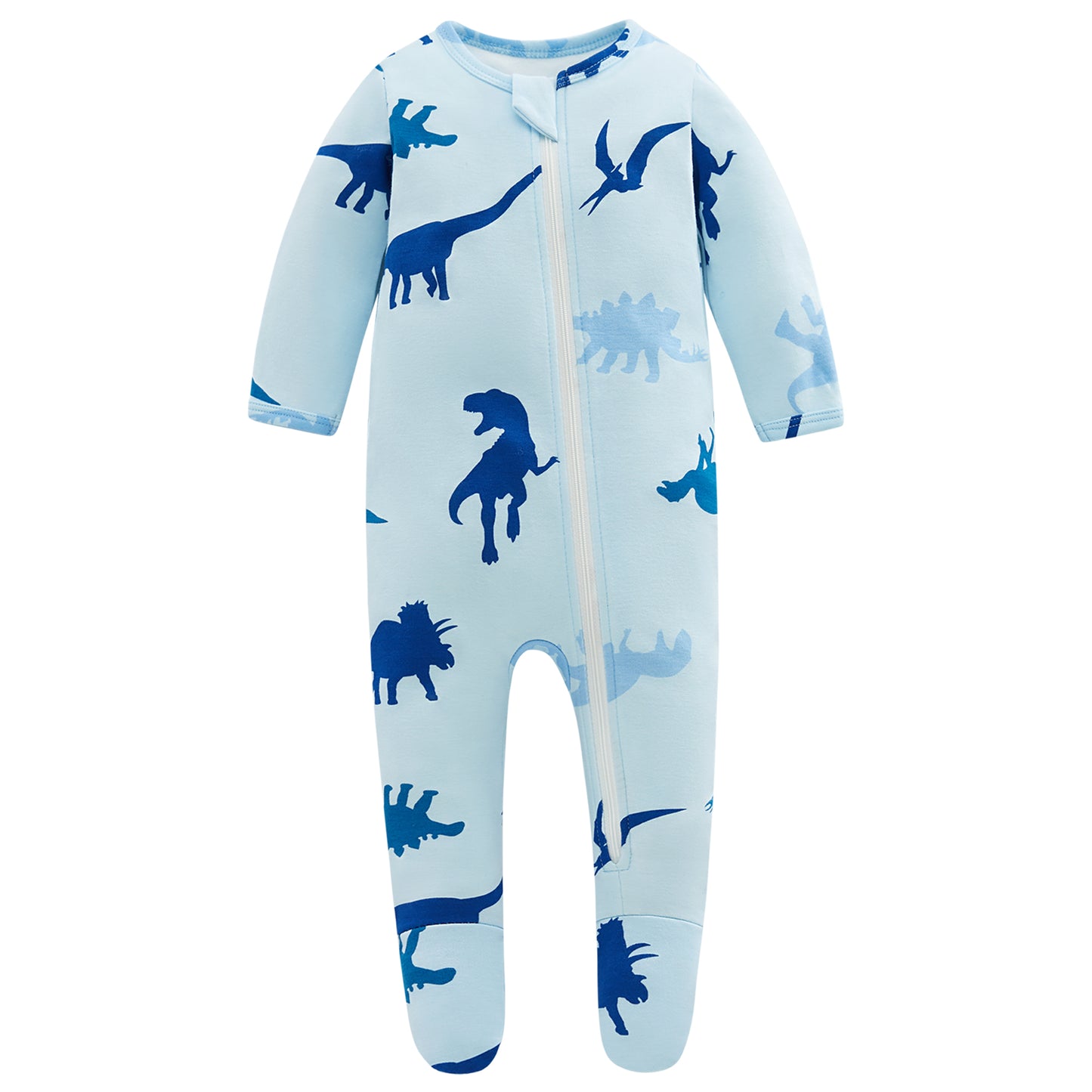 100% Cotton Footed Zip Pajamas - 3 pack - Dinosaur&blue&ivory White
