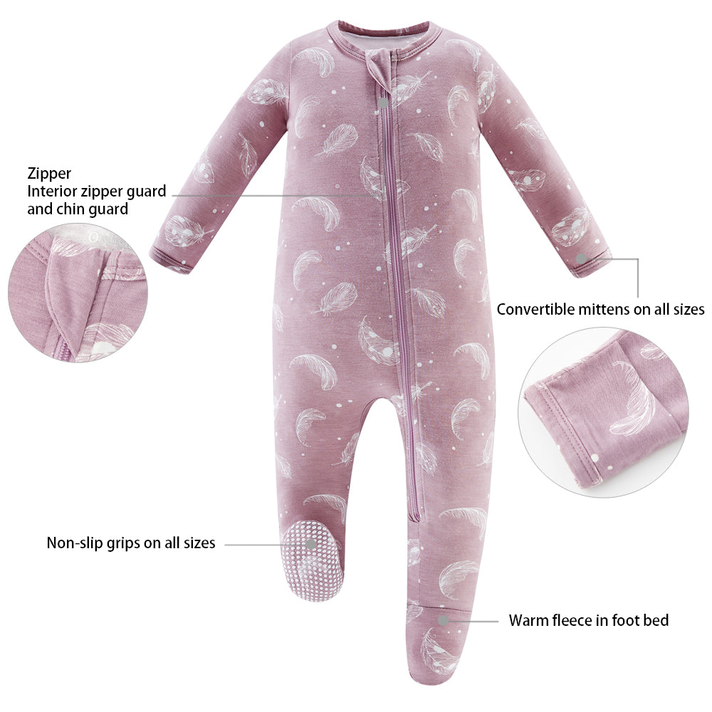 Bamboo Long Sleeve Zip Footed Pajamas - Feather Mauve