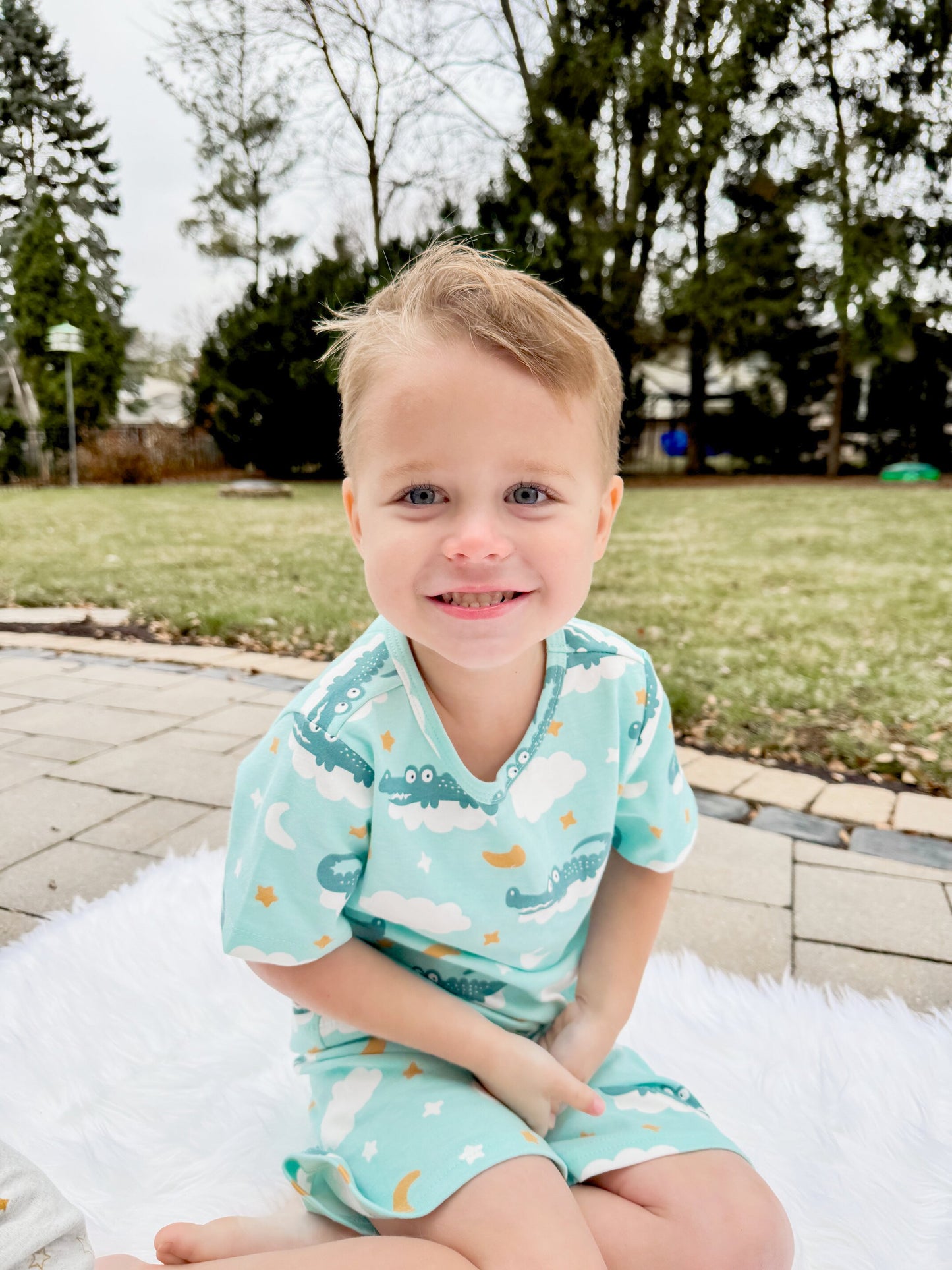 100% Organic Cotton Toddler Summer 2 Piece short sleeve Pajama Set - Crocodile