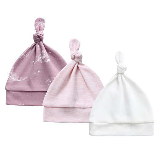 Owlivia Organic Newborn Knot Hats, Hospital Baby Beanies, Unisex Infant Caps, 3-Pack - White/Pink Melange/Feather