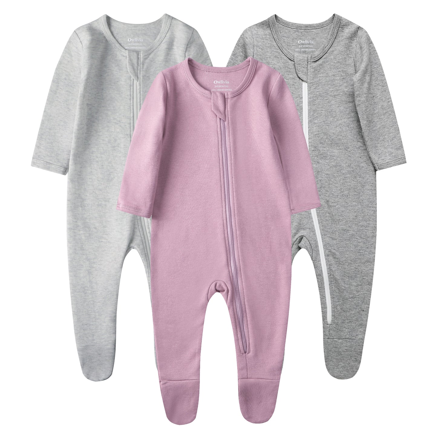 100% Cotton Footed Zip Pajamas - 3 pack - Mauve&light Grey&dark Grey
