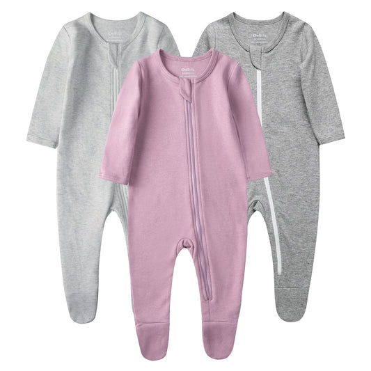 100% Cotton Footed Zip Pajamas - 3 pack - Mauve&light Grey&dark Grey