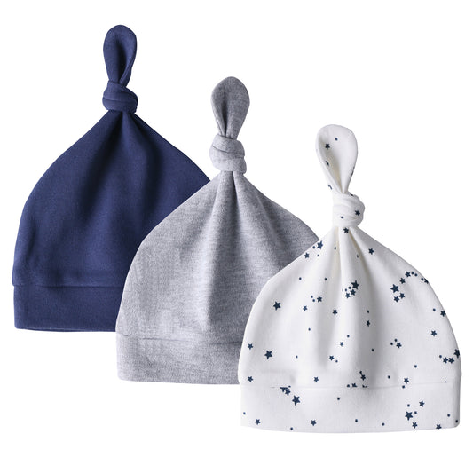 Owlivia Organic Newborn Knot Hats, Hospital Baby Beanies, Unisex Infant Caps, 3-Pack -  Navy/Dark Gray Melange/Blue Star