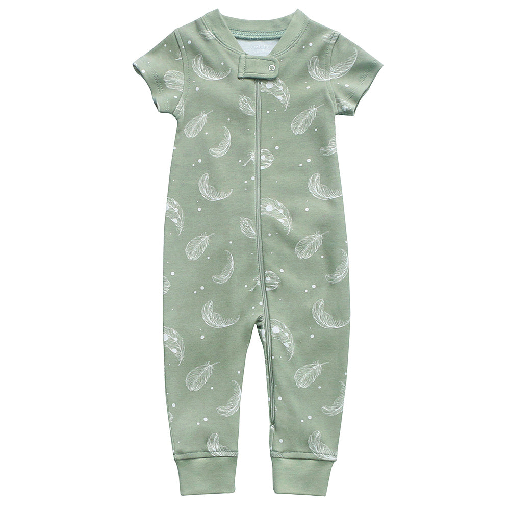 100% Organic Cotton Zip Footless Short Sleeve Pajamas - Feather Green