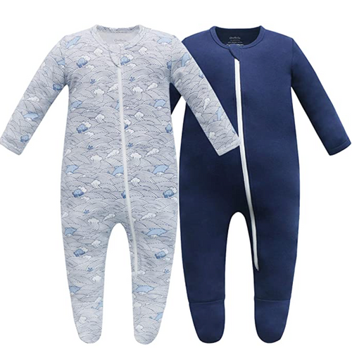100% Organic Cotton Zip Footed Pajamas - 2 Pack - Wave and Navy
