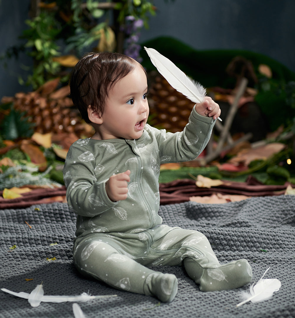 100% Organic Cotton Zip Footed Pajamas - feather green