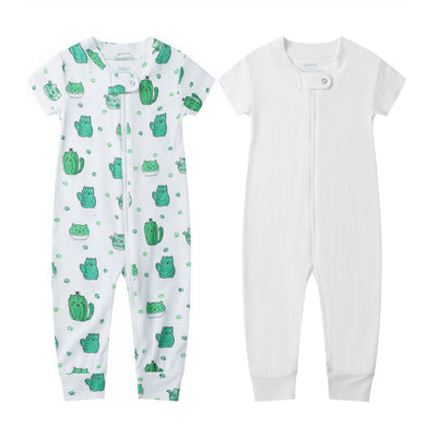 Bamboo & Organic Cotton Blend Zip Footless Pajamas Short Sleeve - Short Cactus & Off White