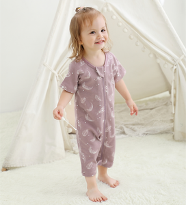 100% Organic Cotton Zip Footless Short Sleeve Pajamas - Feather Mauve & Dark Grey Melange