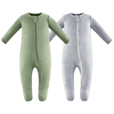 100% Cotton Footed Zip Pajamas - 2 pack - Gray Melange & Sage Green