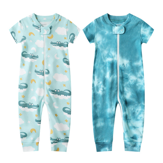 100% Organic Cotton Zip Footless Short Sleeve Pajamas - Crocodile & Tie Dye Green