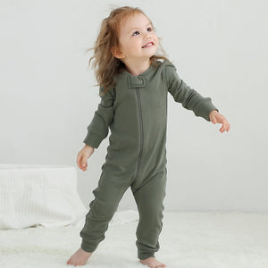 100% Cotton Footless Zip Pajamas - 2 pack - Dark Grey Melange & Olive Green