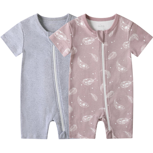 Owlivia Baby Short-Sleeve Summer Romper Set 2-Pack Tank Romper Jumpsuit for Girls and Boys(Feather Mauve & Dark Grey Melange)