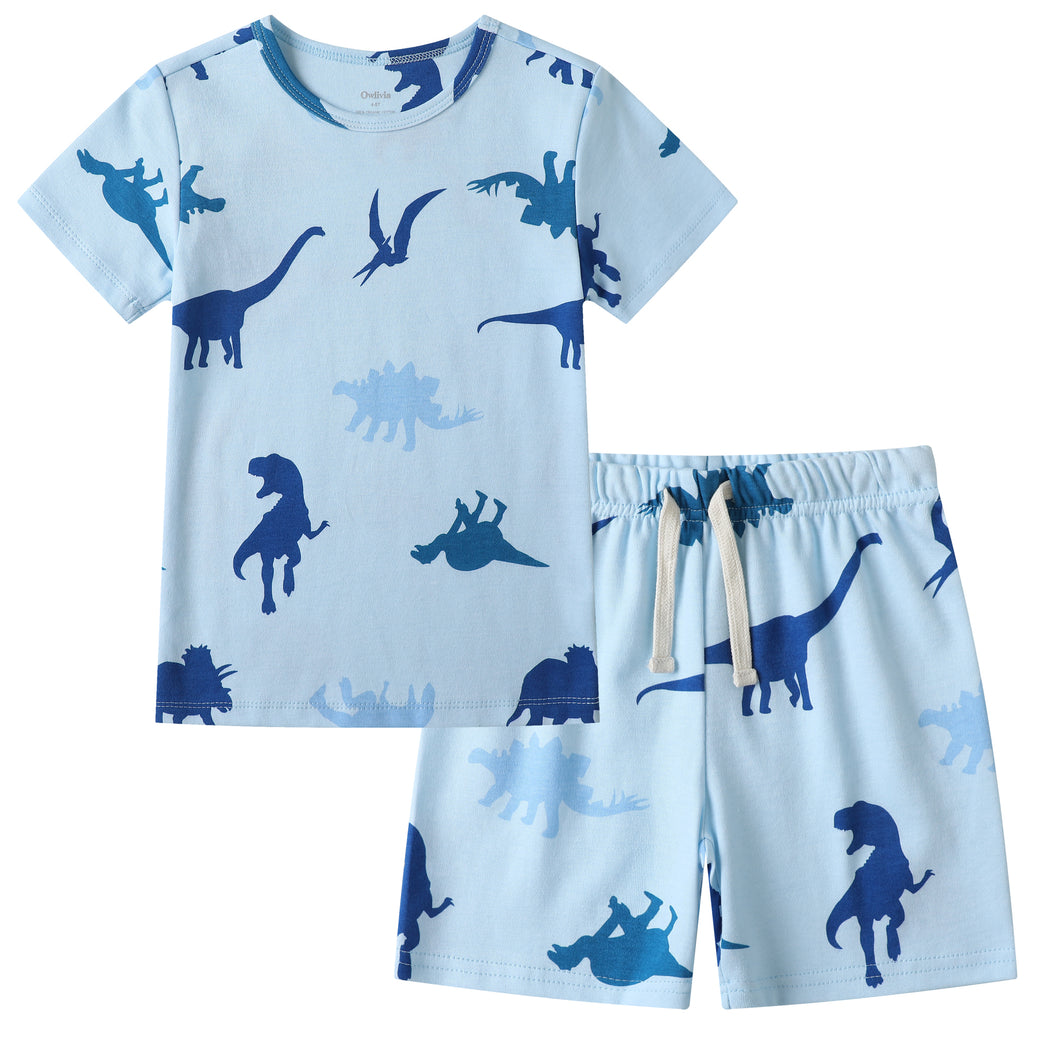 100% Organic Cotton Toddler Summer 2 Piece short sleeve Pajama Set - Blue Dinosaur