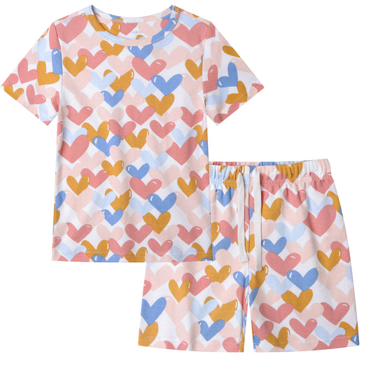 100% Organic Cotton Toddler Summer 2 Piece short sleeve Pajama Set - Colorful Heart