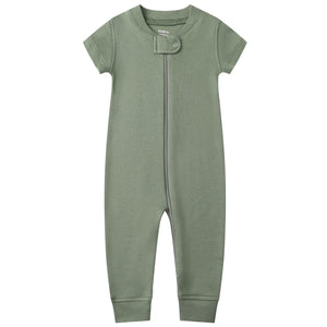 100% Organic Cotton Zip Footless Short Sleeve Pajamas - Short Olive & Gray Melange