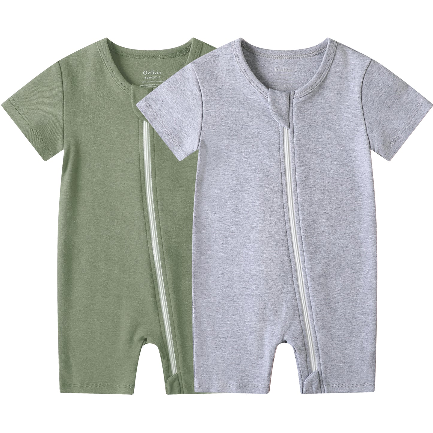 Owlivia Baby Short-Sleeve Summer Romper Set 2-Pack Tank Romper Jumpsuit for Girls and Boys(Olive & Dark Grey Melange)