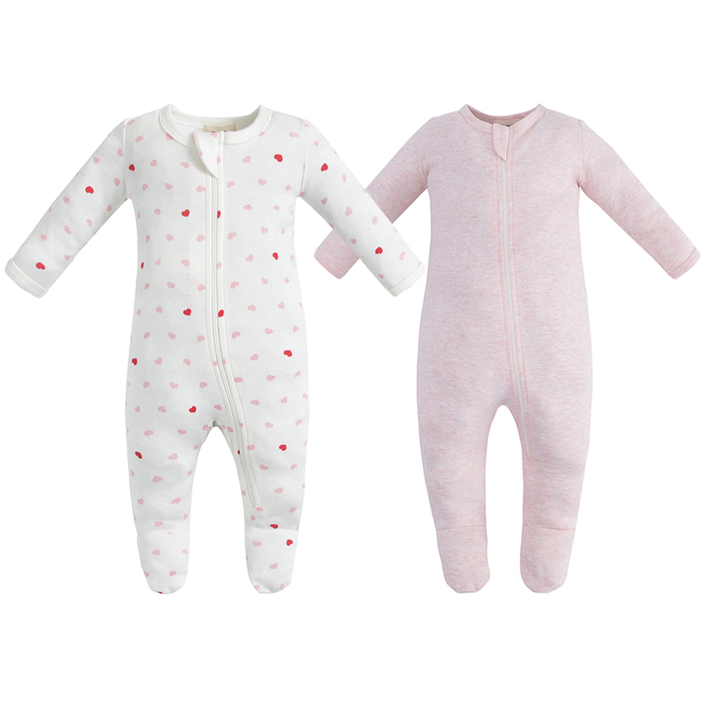 100% Organic Cotton Zip Footed Pajamas  2 Pack - Pink Hearts and Pink Melange