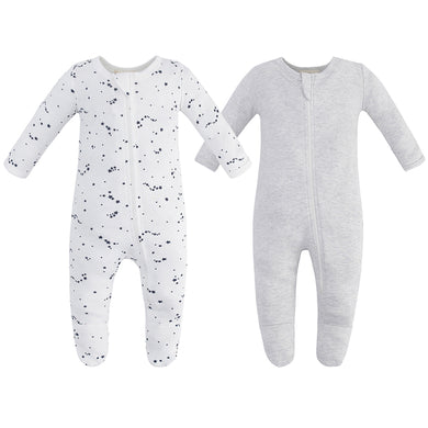 100% Cotton Zip Footed Pajamas - 2 Pack - Blue Star & Grey Melange