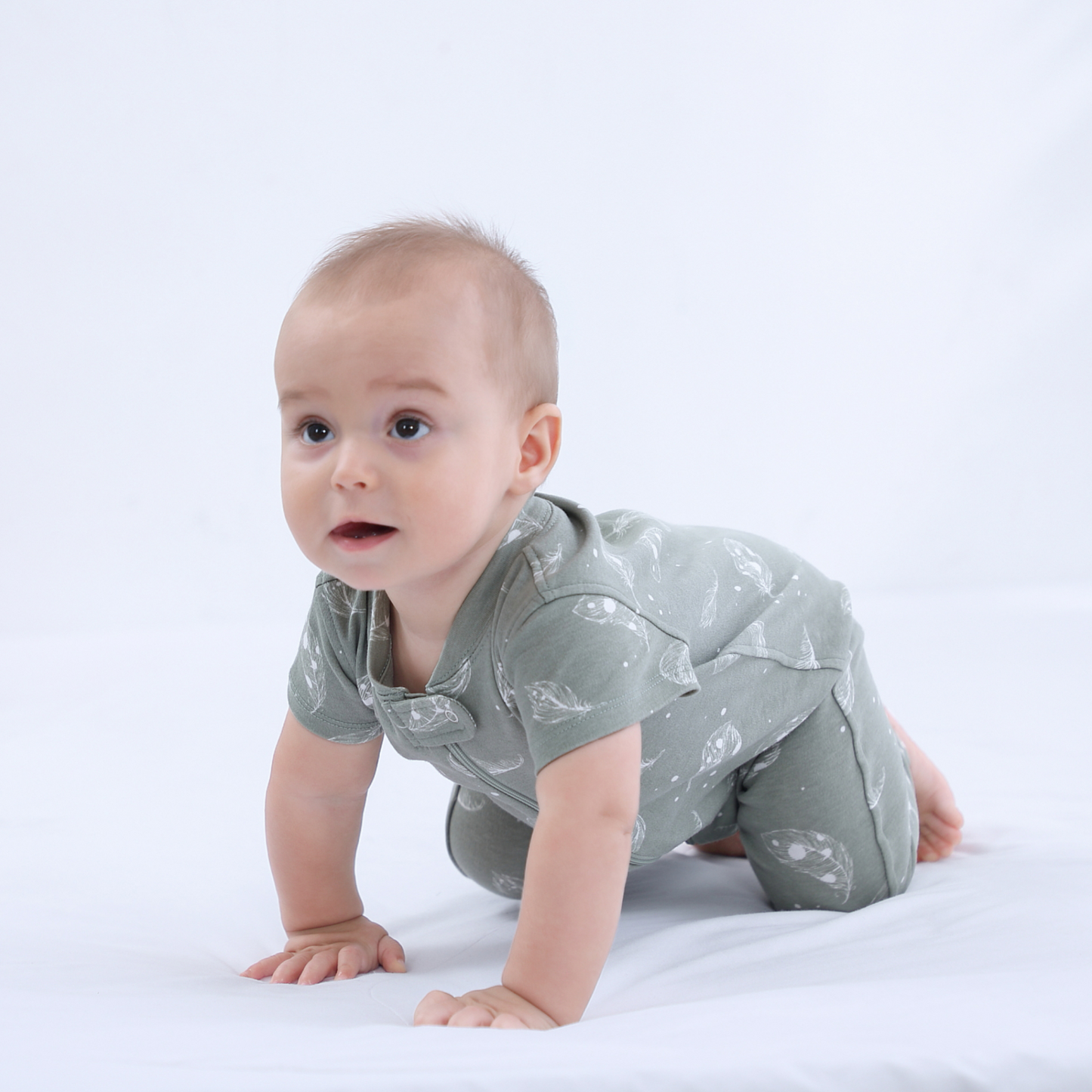 100% Organic Cotton Zip Footless Short Sleeve Pajamas - Feather Green