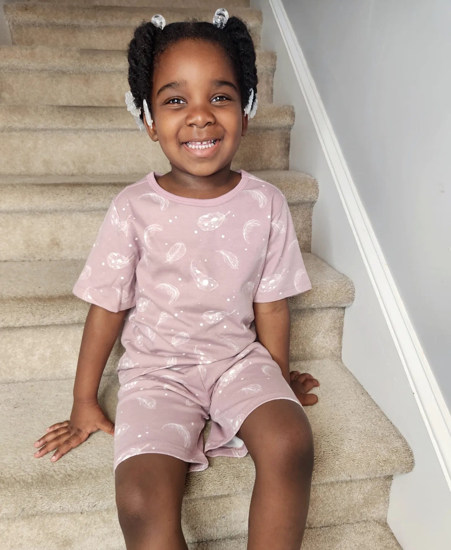 100% Organic Cotton Toddler Summer 2 Piece short sleeve Pajama Set - Mauve Feather