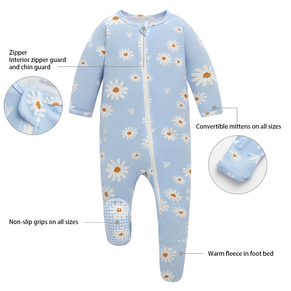 Bamboo Long Sleeve Zip Footed Pajamas - Daisy