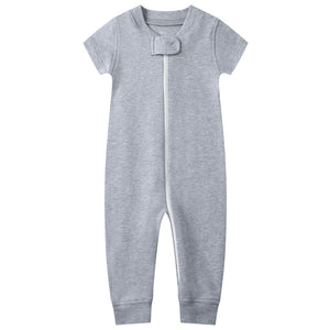 100% Organic Cotton Zip Footless Short Sleeve Pajamas - Short Olive & Gray Melange