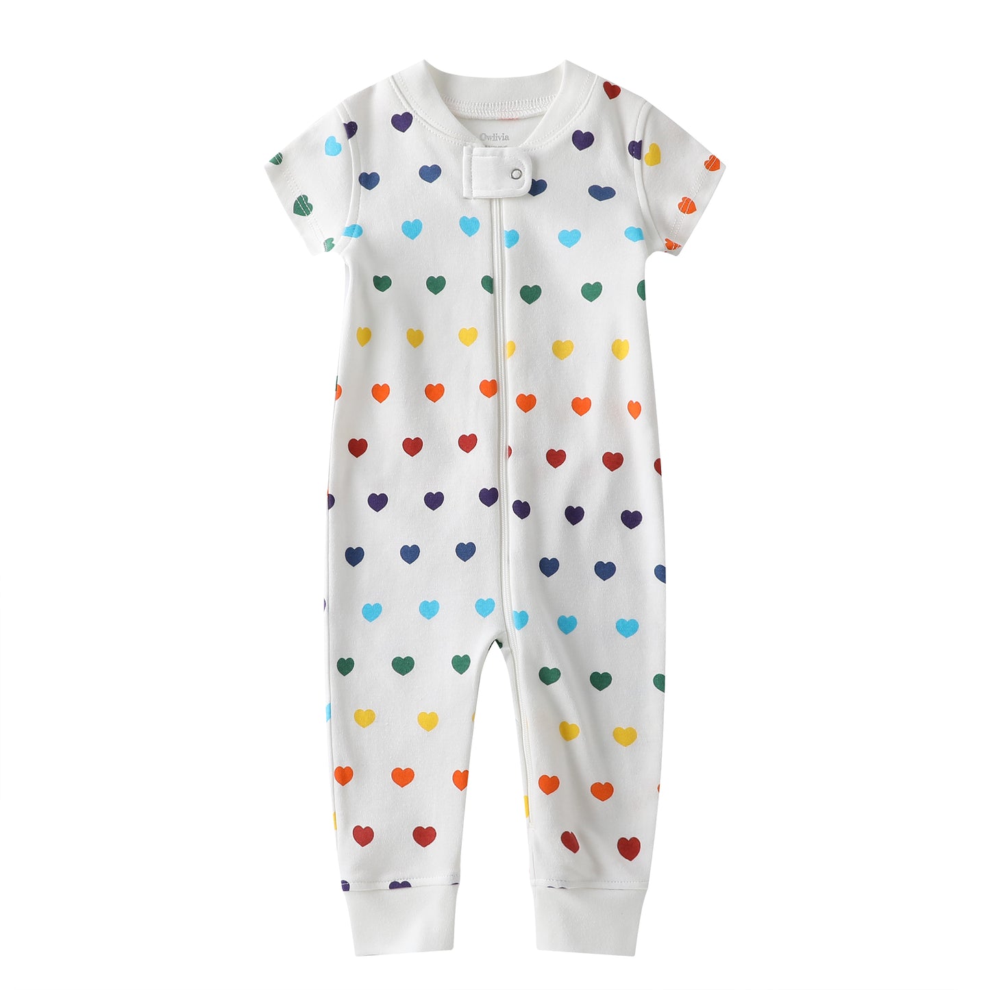 100% Organic Cotton Zip Footless Short Sleeve Pajamas - Short Rainbow Hearts