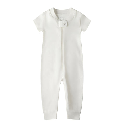 100% Organic Cotton Zip Footless Short Sleeve Pajamas - Short Off - White