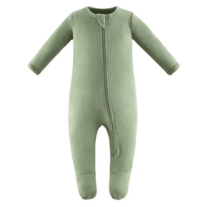 100% Cotton Footed Zip Pajamas - 2 pack - Gray Melange & Sage Green