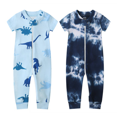 100% Organic Cotton Zip Footless Short Sleeve Pajamas - Blue Dinosaur & Tie Dye Dark Navy