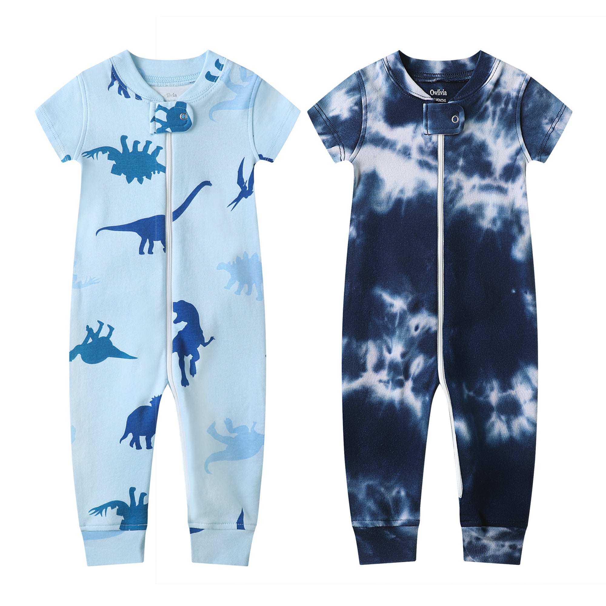 100 Organic Cotton Zip Footless Short Sleeve Pajamas Blue Dinosaur Tie Dye Dark Navy