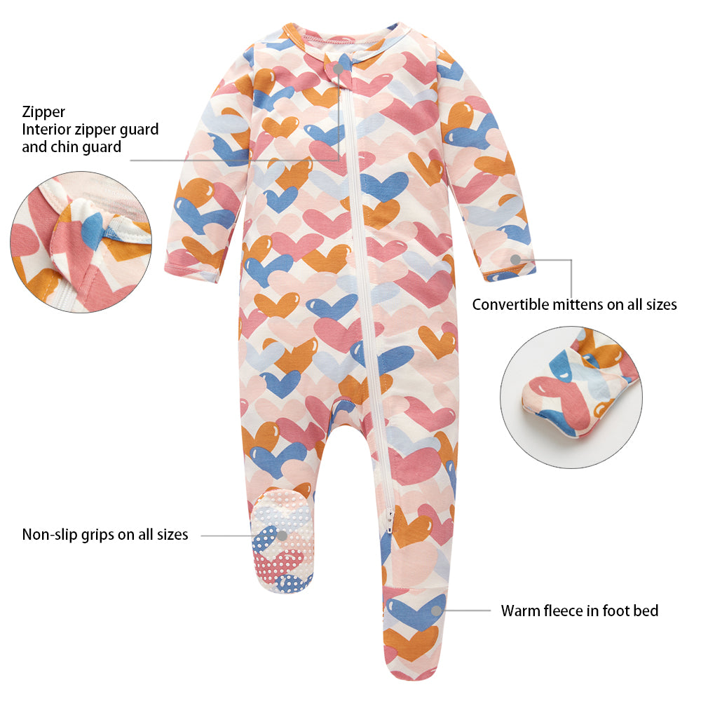 Bamboo Long Sleeve Zip Footed Pajamas - Colorful Heart