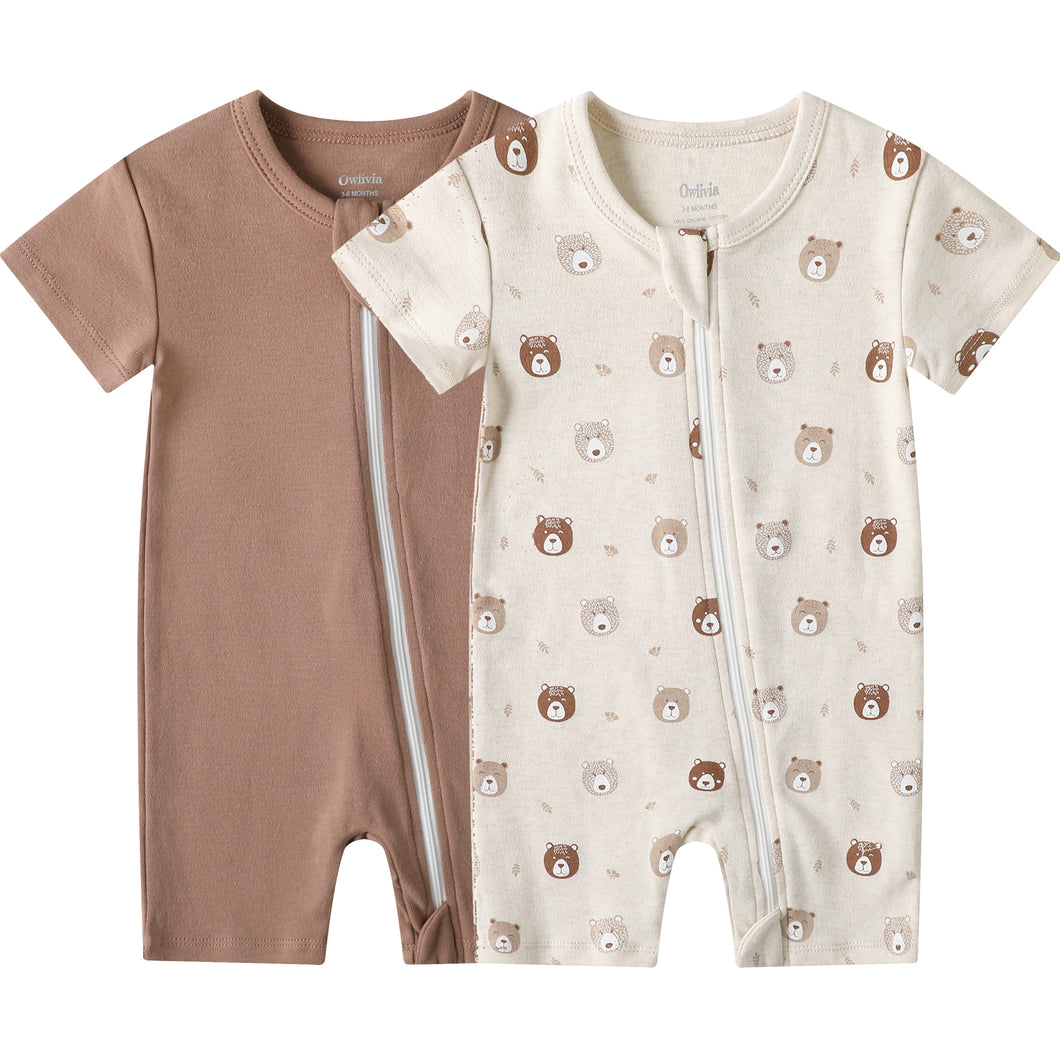 Owlivia Baby Short-Sleeve Summer Romper Set 2-Pack Tank Romper Jumpsuit for Girls and Boys(Brown & Mini Bear)